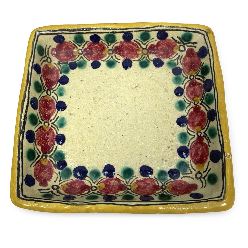 Vintage Mexican Hand Painted Pomegranate Ceramic Square Dish Yellow Red Blue
